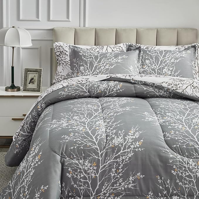 UOZZI BEDDING Bed in a Bag 7 Pieces King Size Gray Branches with Yellow Dots - Soft Microfiber Reversible Bed Comforter Set (1 Comforter Pillow Shams 1 Flat Sheet 1 Fitted Sheet 2 Pillowcases)