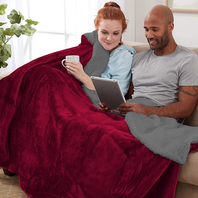 Genteele Sherpa Throw Blanket Super Soft Reversible Ultra Luxurious Plush Blanket, 102 x 90 inches, Rich Burgundy Red/Gray