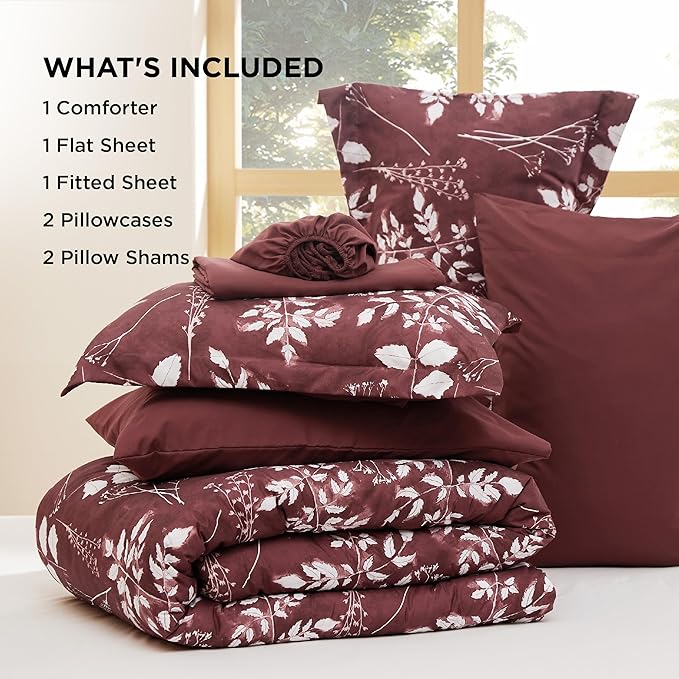 Bedsure Full Size Comforter Set - 7 Pieces Floral Burgundy Soft Bedding Sets, Full Bed in a Bag with Botanical Flowers Comforter, Sheets, Pillowcases & Shams