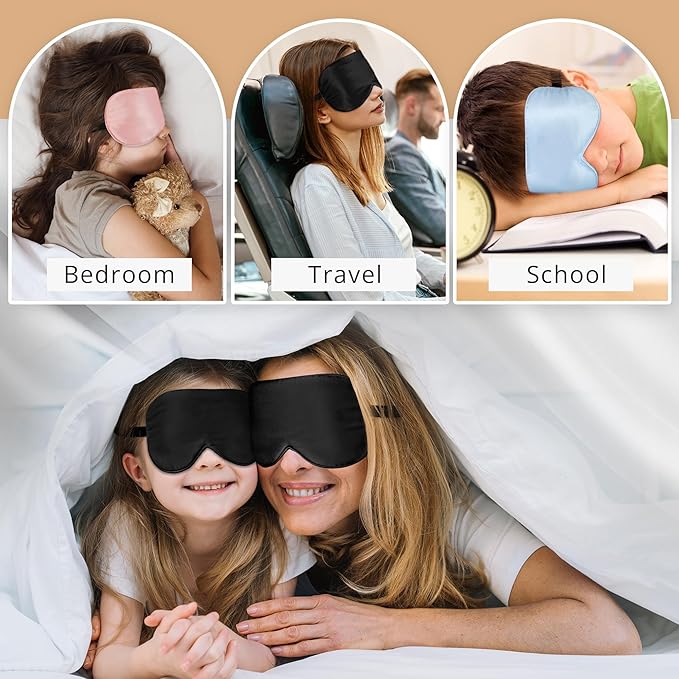 Silk Sleep Mask Eye Cover, 100% Real Natural Eye Mask for Sleeping with Adjustable Strap, 100% Silk Filling Blindfold, sleepmask for Kids/Teens/Adults, Sleeping Masks for Family (2 Black)
