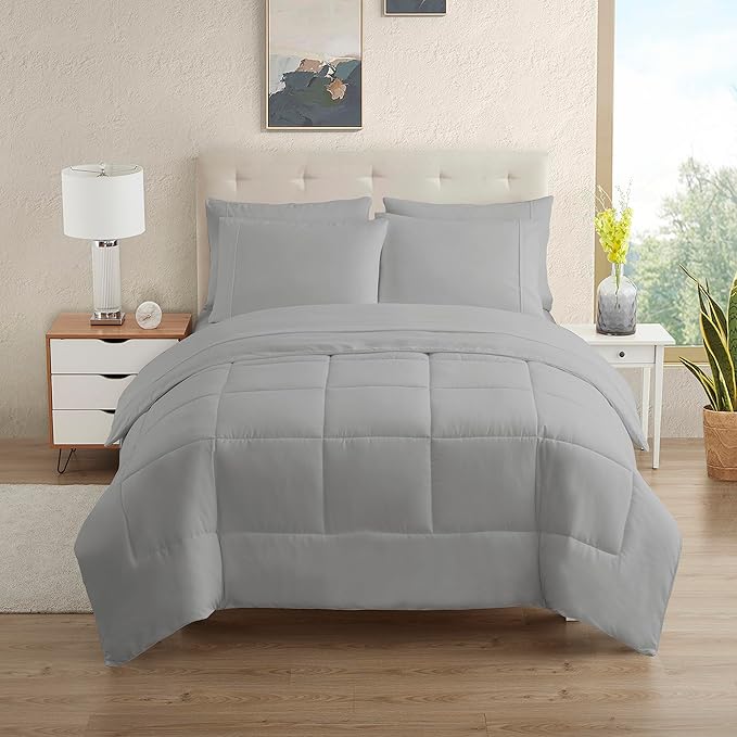 RV Short Queen Comforter Set for RV Camper - Comforter Set with Fitted & Flat Sheet, 4 Pillowcases - Tailored for RV Short Queen Beds - Cozy Essentials for Your RV Bedroom, Silver