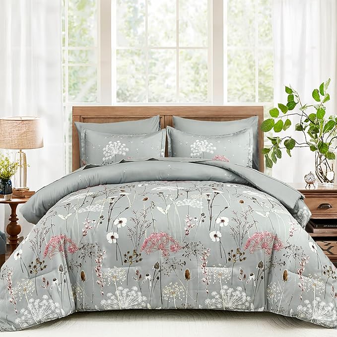Yiran Grey Floral Comforter Set King Size, 7 Piece Spring Dandelion Plant Botanical Comforter Bedding Set, Bed in a Bag King, Soft Microfiber Complete Bedding Set with Sheets for All Season