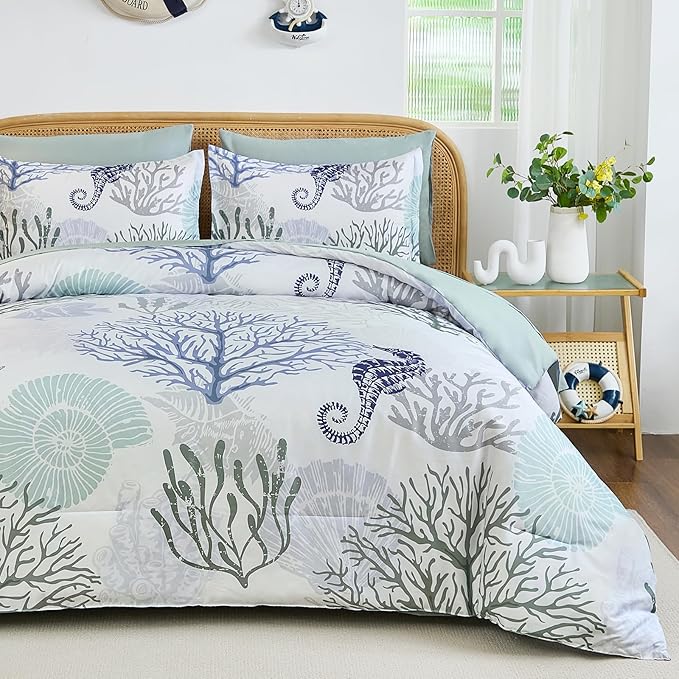 WONGS BEDDING Comforter Set Queen,Coastal Beach Theme Bedding Set, 7 Pieces Ocean Nautical Seaweed & Starfish Bed in a Bag for All Season(90"×90")