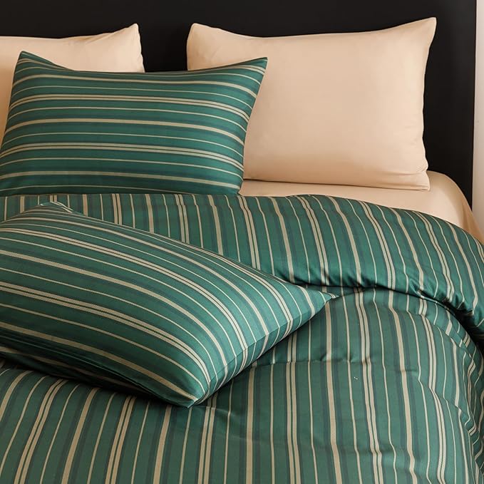CLOTHKNOW Green Striped California King Comforter Set Farmhouse Bedding Comforter Sets Ticking Comforter with 2 x Pillow Cases