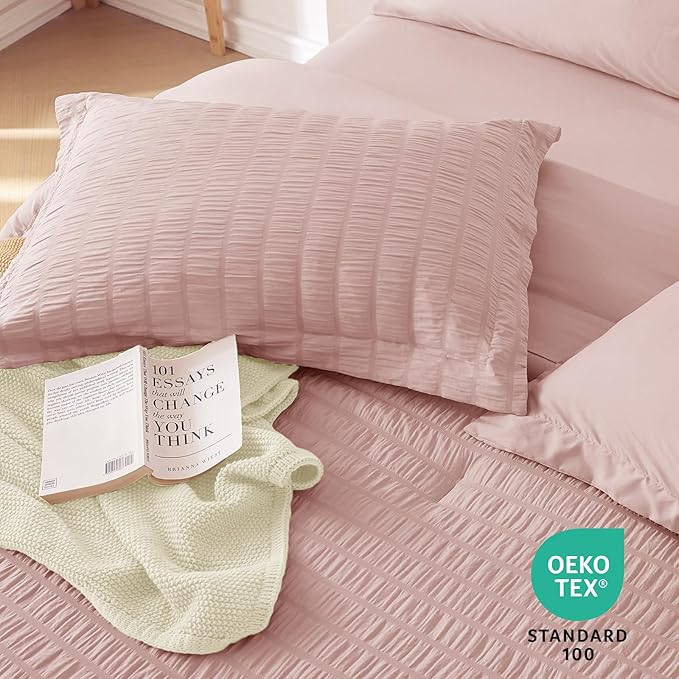 MUXHOMO 7 Pieces Full Comforter Set, Seersucker Bed in a Bag Full Size, All Season Luxury Bedding Set with Comforter, Flat Sheet, Fitted Sheet, Pillowcases & Shams, Rose Gold