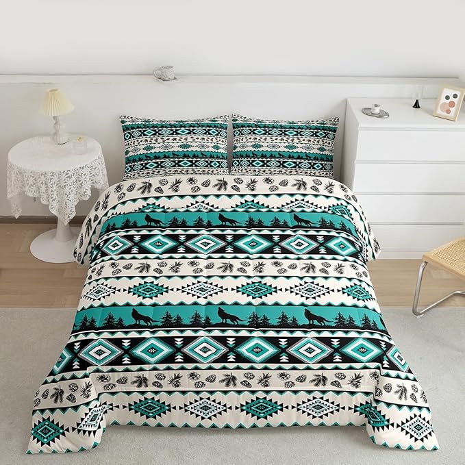 Aztec Geometric Kids Bedding Set King Size,Southwest Tribal Ethnic Comforter Set,Wolf Rustic Cabin Quilt Comforter,Beige Retro Bedroom Duvet Insert,2 Pillowcases