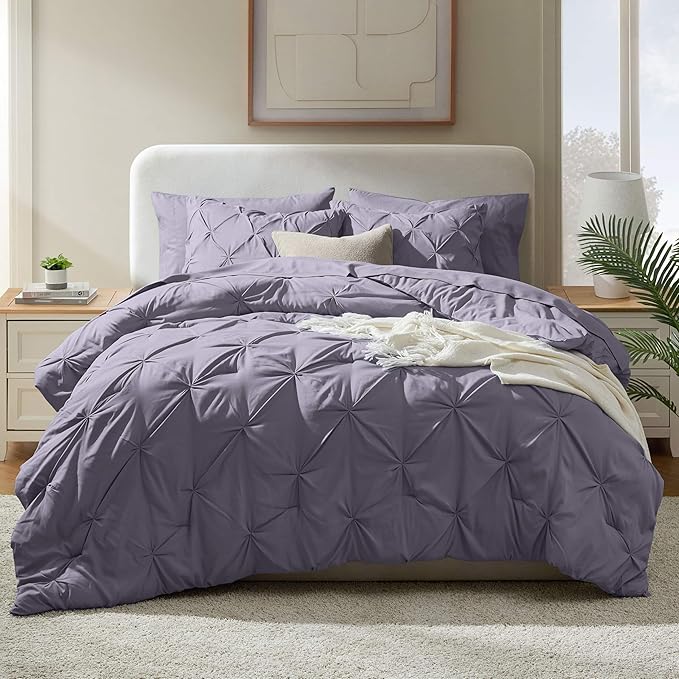 Nestl California King Comforter Set 7 Piece - Pintuck Cal King Comforter Set Grayish Purple, California King Bed in a Bag, All Season Bed Set with Flat Sheet and Fitted Sheet, Pillowcases and Shams