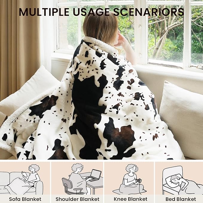 Heated Blanket Throw Blanket - Fast Heating Electric Blanket, Soft Flannel Heated Throw with 10 Time Settings,10 Heating Settings, Warm Gifts for Women & Mom & Grandma(50"x60"Cow Print White)