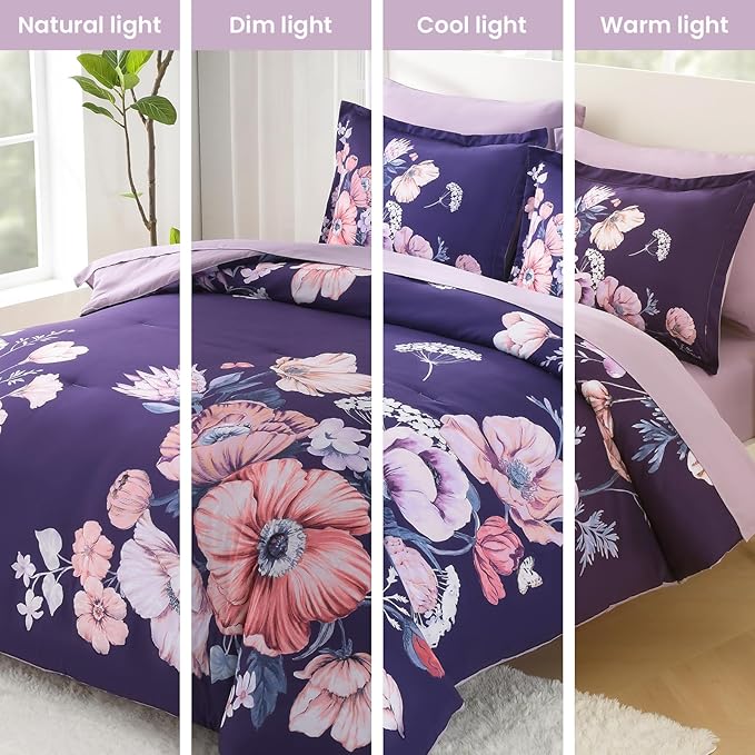 King Size Comforter Set - 7 Pieces Floral Comforter and Sheet Set, Dark Purple King Size Bed in a Bag, Soft Microfiber Flower Complete Bedding Set for All Seasons(Dark Purple,104"x90")