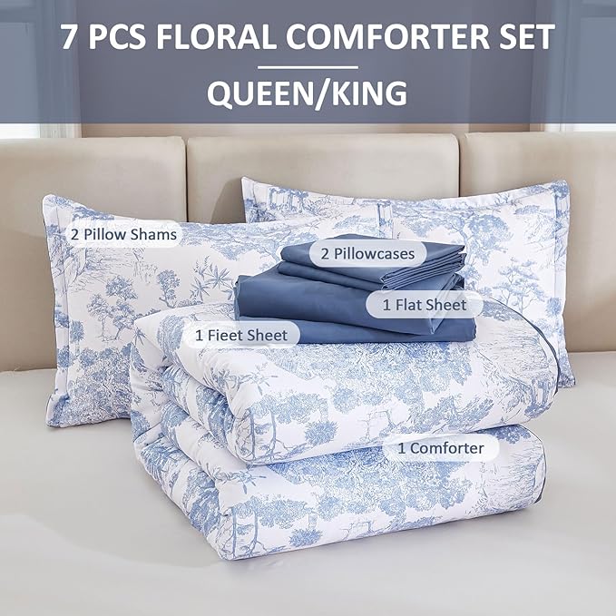 DJY Blue Comforter Set California King Size,7 Pieces Bed in a Bag Botanical Comforters with Sheets Elegant Plants Print Soft Microfiber Reversible Complete Bedding Sets for All Season