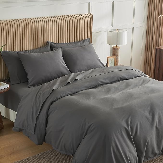 Simple&Opulence Belgian Linen Sheet Set Solid Color - 6 Pieces (1 Flat Sheet & 1 Fitted Sheet & 4 Pillowcases) 16" Deep Pocket Natural Flax Cotton Blended Soft Bedding - Dark Grey, King Size