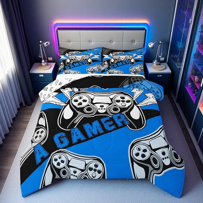 Erosebridal Gaming Comforter Sets for Boys Kids Video Game Comforter Set,Gamer Bedding Set Blue Black Quilt Duvet Set Men Boys Bedroom Decor,King Size 3Pcs