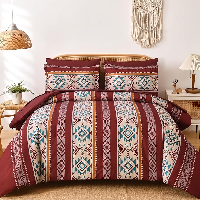 Anibedding Red King Size Comforter Set 7 Pieces Boho Bed in a Bag, Burgundy Aztec Striped Comforter Set with Sheets, Soft Microfiber Reversible Western Bedding Set for All Season
