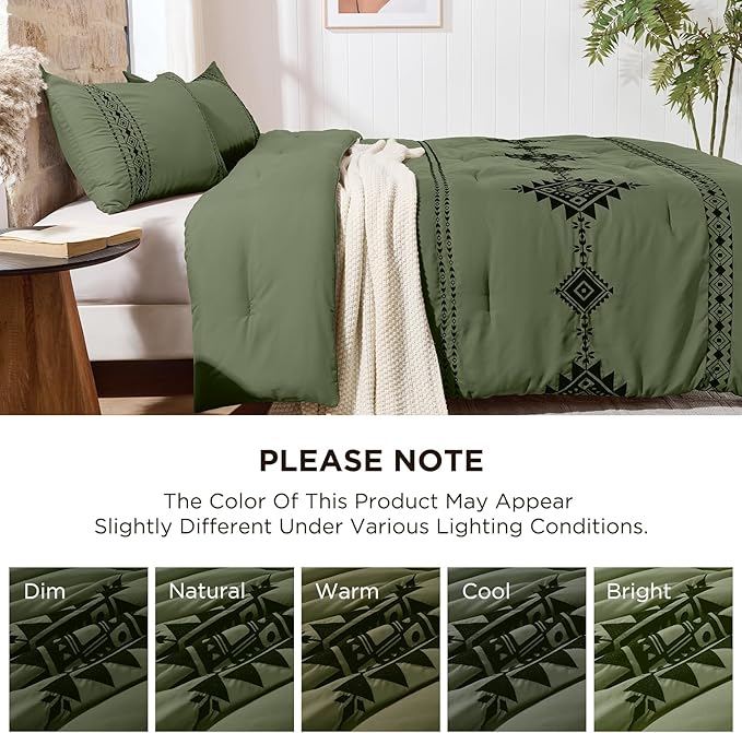 Embroidered Boho Comforter Set King Size, 3-Piece Western Shabby Chic Bedding Set - Fluffy Ultra Soft Microfiber with Intricate Design, Includes 1 Green Comforter(102"x90") & 2 Pillowcases