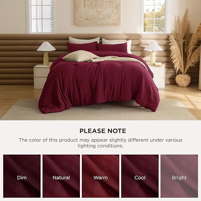 Bedsure Queen Comforter Set, Dark Red Soft Prewashed Bedding for All Seasons, 3 Pieces GentleSoft™ Bed Set, 1 Lightweight Comforter (90"x90") and 2 Pillowcases (20"x26")