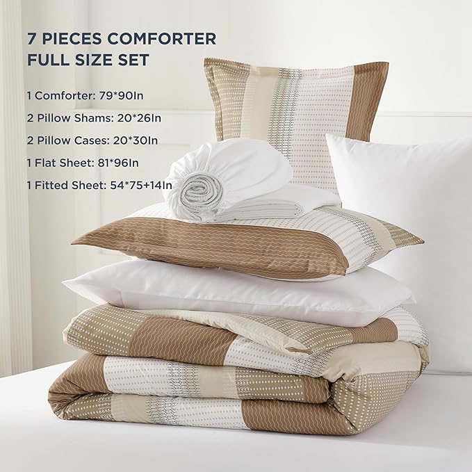Andency Full Size Comforter Set Taupe - 7 Pieces Striped Lightweight Bed in a Bag, Soft Microfiber Reversible Bedding Set with Comforter, Fitted & Flat Sheet, Pillowcases & Shams