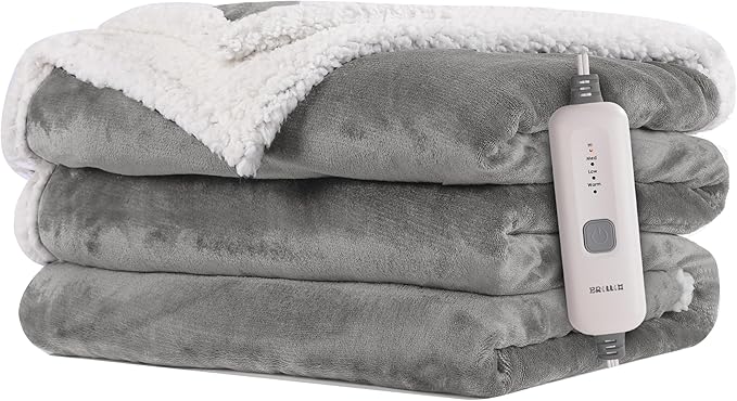 Electric Heated Blanket 62"x84" Twin Size Flannel & Sherpa - 4 Heat Settings & 10H Auto Shut Off for Safe Overnight Use, Fast Heating, Machine Washable for Bed, Couch, Office - Light Gray