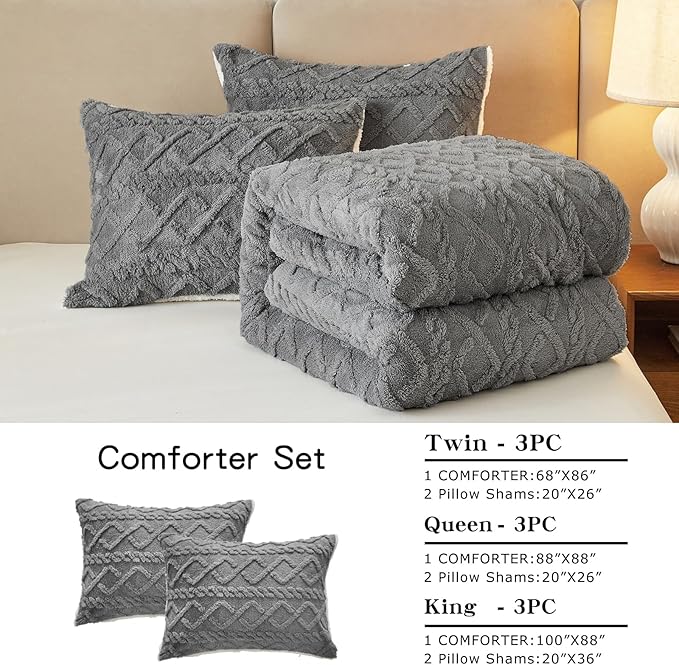 Joyreap 3-Piece Fluffy Faux Fur Sherpa Comforter Set Gray, King Size Luxury Tufted Bedding Comforter Set, All Season Soft n Cozy Plush Comforter Bed Set- 100x88 inches