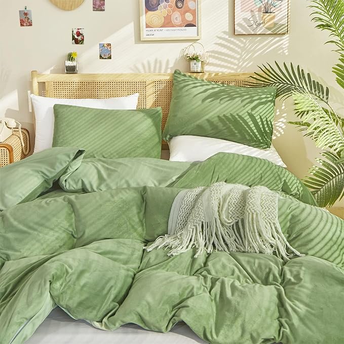 Luxlovery Sage Green Velvet Comforter Queen Set - Light Green Plush Fluffy Bedding with Green Flannel Blanket & Sherpa Micromink Quilt for Women & Men