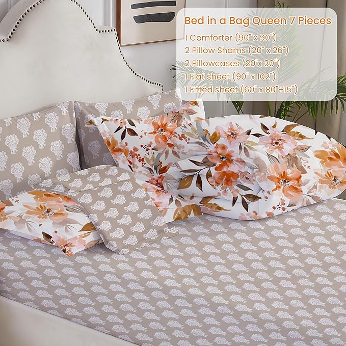 Floral Queen Comforter Set with Sheets, 7 Piece Luxury Vintage Bedding, Soft Microfiber Bed in a Bag, Cozy Lightweight Bed Set, Burnt Orange Flower Brown Leaf Fall