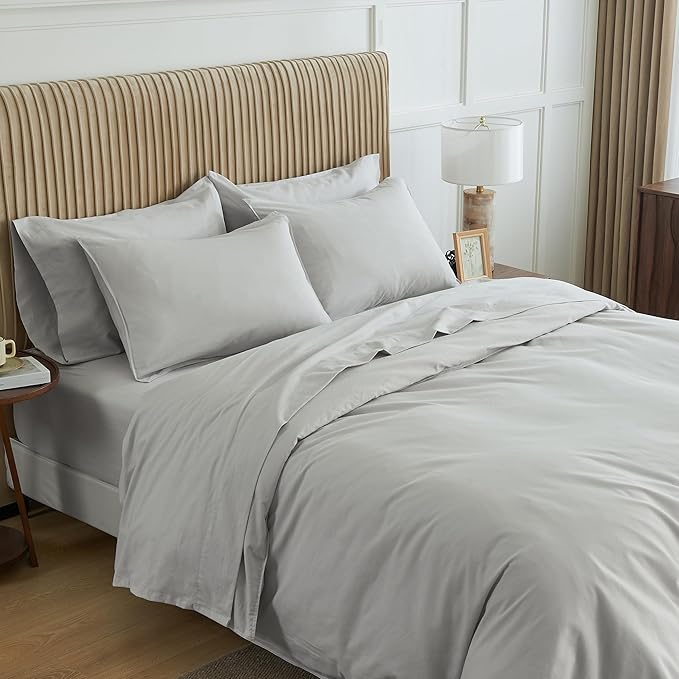 Simple&Opulence Belgian Linen Sheet Set Solid Color - 6 Pieces (1 Flat Sheet & 1 Fitted Sheet & 4 Pillowcases) 16" Deep Pocket Natural Flax Cotton Blended Soft Bedding - Khaki Grey, California King