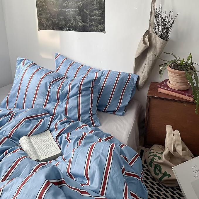mixinni Vintage Blue & Red Striped Comforter Set Twin XL Size - Soft Cotton 3-Piece Bedding Set (1 Comforter + 2 Pillowcases), Retro Geometric Stripes Pattern, All-Season Lightweight & Breathable