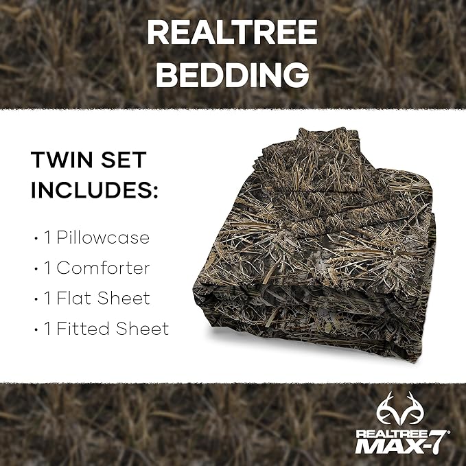 Northwest Realtree 4-Piece Twin Size Bed in a Bag Set, 1 Comforter, 1 Fitted Sheet, 1 Flat Sheet, 1 Pillowcase, All Seasons Bedding, MAX-7 Camo