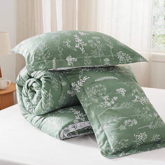 Bedsure Full Comforter Set - Green Bed Set, 3 Pieces Cute Floral Bedding, 1 Soft Reversible Botanical Flowers Comforter and 2 Pillow Shams