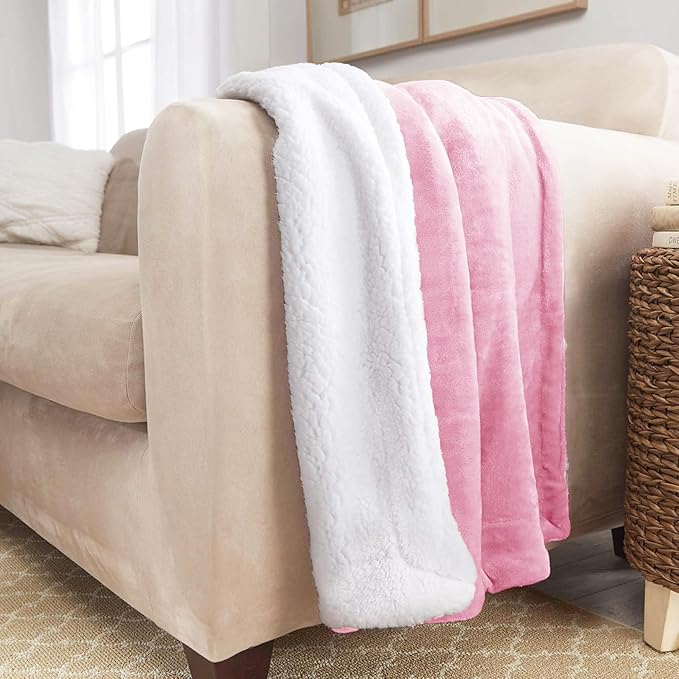 Genteele Sherpa Throw Blanket Super Soft Reversible Ultra Luxurious Plush Blanket, 40 x 50 inches, Pink/White