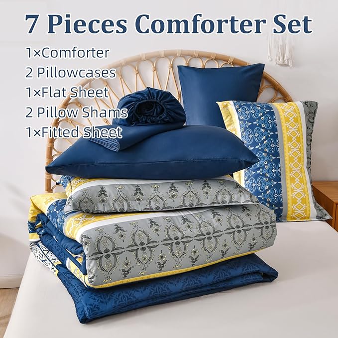 WONGS BEDDING Boho Comforter Set King, 7 Pieces Navy Blue and Yellow Comforter Set Bohemian Bed in A Bag Striped Paisley Floral Comforter and Sheet Set Soft Microfiber Bedding Set for All Season
