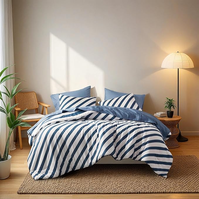 Reversible Striped Queen Comforter Set, Soft Microfiber Bedding Set with Double-Sided Stripes Design, Warm & Cozy for All-Seasons, 3-Piece Comforter and Shams Set Queen Size, Navy
