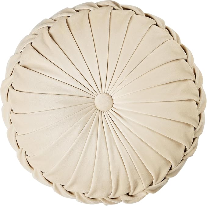 ROSE&RISY Round Pleated Hand-Stitched Velvet Throw Pillow, 1 Pcs Decorative Accent Pumpkin Pillow Cushion for Couch Sofa Chair Bed Car Home Decor (14.5 Inch, Cream)