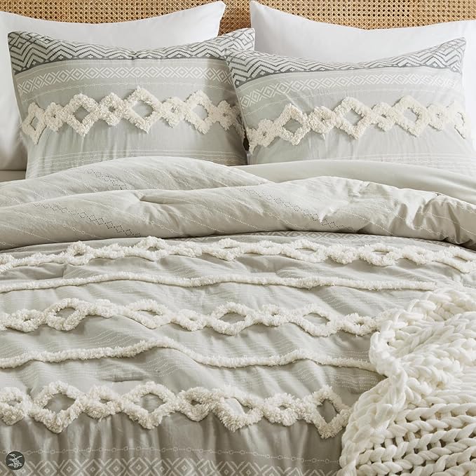 Hyde Lane Boho Gray Comforter Set King, Farmhouse Bedding Sets, Cotton Top with Modern Neutral Style Clipped Jacquard Stripes, 3-Pieces Including Matching Pillow Shams (104x90 Inches)