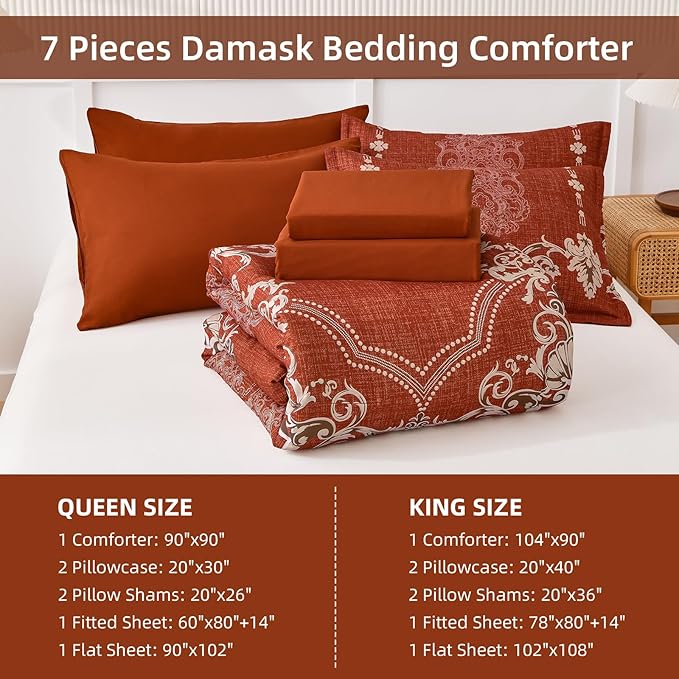 Mybedsoul 7 Pieces Terracotta Comforter Set Queen Size, Damask Bed in a Bag for Queen Bed, Lightweight Microfiber Boho Bedding Sets with Comforter, Sheet, Pillowcases & Shams for All Season (90"x90")
