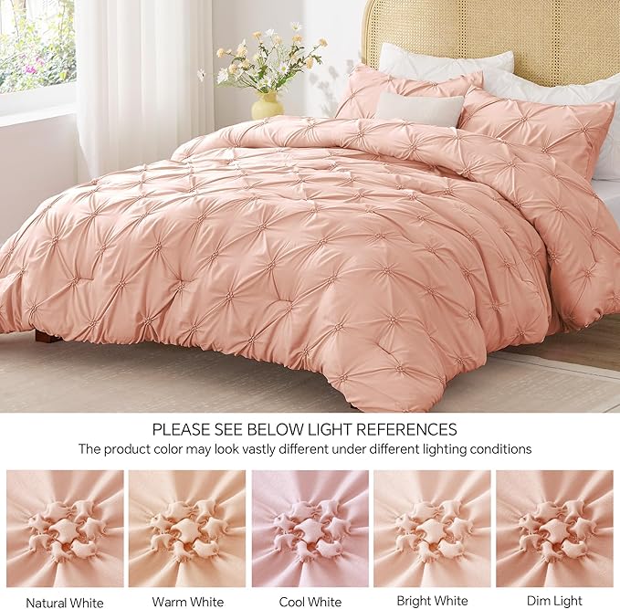 BEDELITE Dusty Pink King Size Comforter Set - 3 Pieces Boho Pintuck Bedding Comforter Sets, Lightweight Soft & Warm King Bedding Set with 2 Pillowcases for All Season