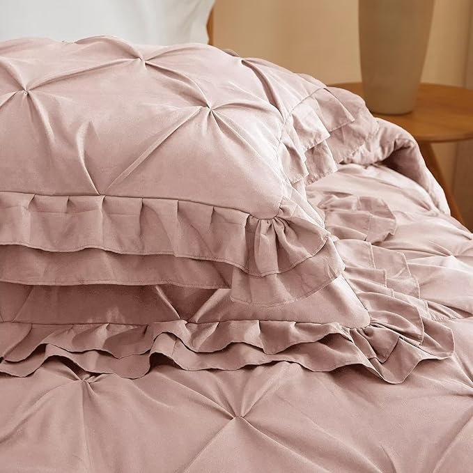 Pink Comforter Set Full Size 3 Pieces for All Season 1 Comforter and 2 Pillowcases Solid Pinch Pleated Ruffles Quilt Princess Shabby Chic Washed Soft Cozy Fluffy Full Bedding Sets for Bedroom