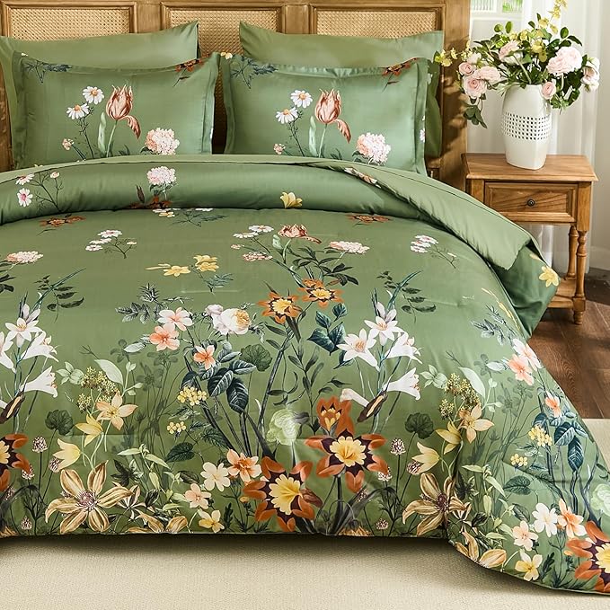WONGS BEDDING Green Floral Comforter Set King, 7 Piece Bed in a Bag Bedding Set with Botanical Flowers Patterns, Soft Lightweight Complete Comforters with Sheets for All Season