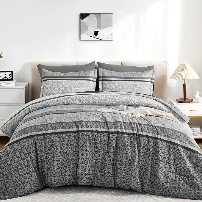 WONGS BEDDING Grey Comforter Set Queen Size, 7 Pieces Striped Bed in a Bag Comforter and Sheet Set, Bohemian Soft Lightweight Micorfiber Bedding Set for All Seaon (90"×90")