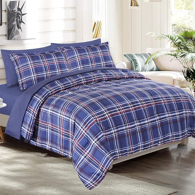 EMME Queen Comforter Set with Sheets, 7 Piece Queen Size Bedding Sets, All Season Plaid Bedspread Bed Set with 1 Comforter, 1 Flat Sheet, 2 Pillowcases and 2 Pillow Shams