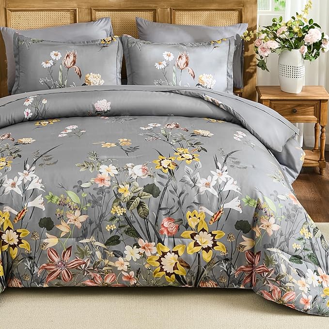 WONGS BEDDING King Comforter Set 7 Piece, Grey Floral Bed in a Bag Bedding Set with Botanical Flowers Patterns, Soft Lightweight Complete Comforters with Sheets for All Season