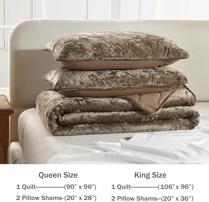 Homzard Luxury Velvet Quilt Set Queen Size Bedding, Mocha Brown Comforter Set, Ultra-Soft Striped Channel Stitch All Season Comforter, Thermal Bedspread Coverlet with 2 Pillow Shams