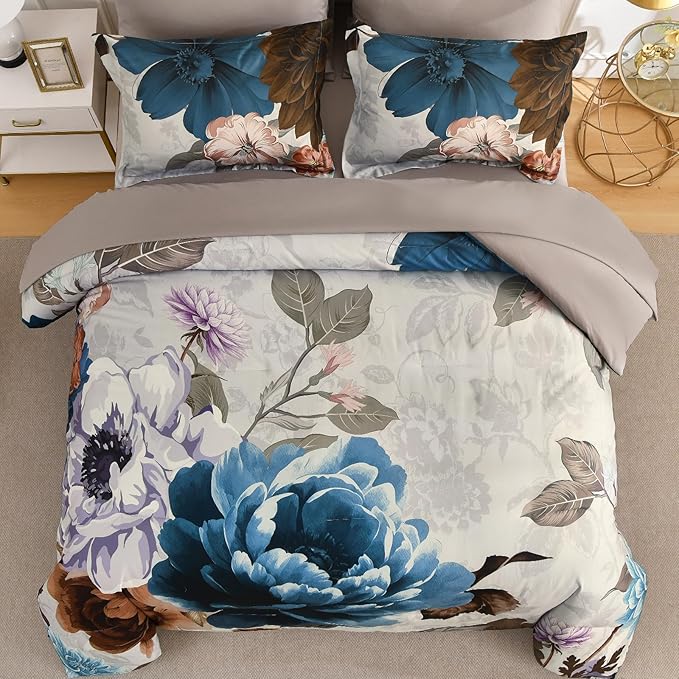 WONGS BEDDING Floral Comforter Set King Size, 7 Pieces Bed in a Bag Bedding Set, Grey and Blue Flower Comforter Soft Microfiber for All Season with Pillowcases & Shams,Sheets(90"×90")