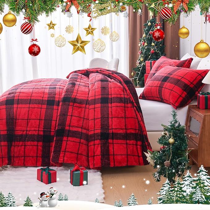 YIYEA Christmas Fluffy King Size Comforter Set, Luxury Faux Fur Comforter, Ultra Soft Plush Fuzzy Velvet Bedding Comforter Sets for Fall Winter, Cozy Warmth, No Shedding, 3PC, King