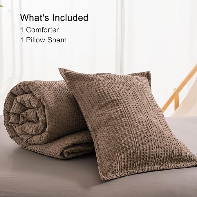 PHF Soft Waffle Comforter Set Twin Size- Comfy Breathable Waffle Weave Comforter with 1 Pillow Shams, 2 Pieces Less Snagging Lightweight Textured Bedding Set for All Season, Cocoa Brown
