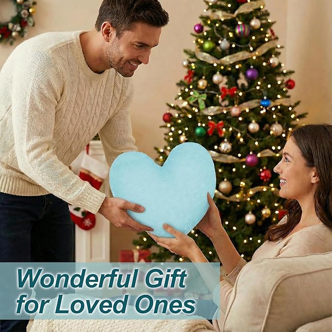 Nydotd Heart Pillows Cute Fuzzy Throw Pillow Blue Love Heart Shaped Decorate Pillows for Bed Livingroom Sofa Gifts Home Decor Cushion Small 11.8" x 10"