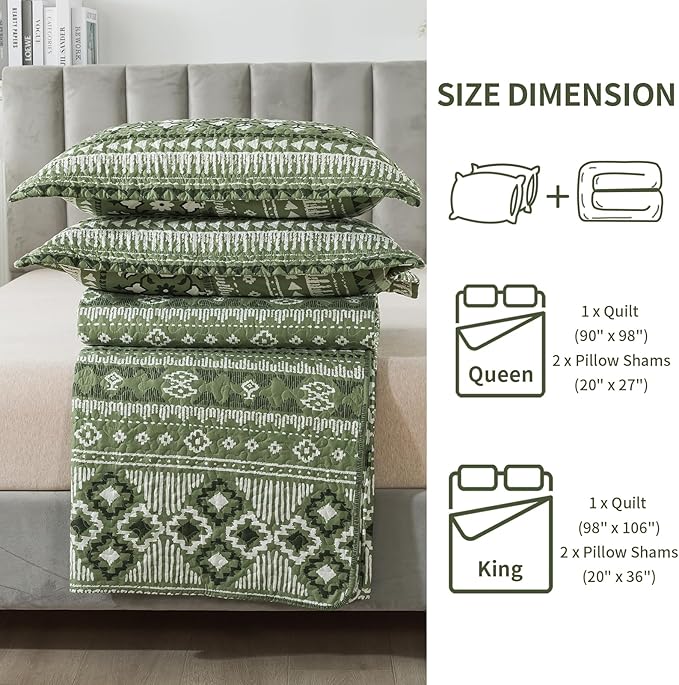 BEDIFANY Quilts King Size, Reversible Lightweight Bedspread with Boho Geometry Printed, Boho Bed Spread Coverlet Sets for Bed Decoration, All-Season King Quilt Bedding Set (98 * 106 in), 3 Pieces