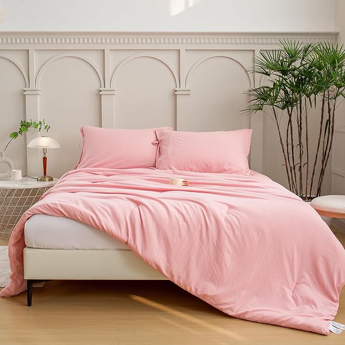 Blush Light Pink King Size Down Comforter, Super Soft Washed Polycotton Fabric, Cozy Comfy Down Alternative Bed Blanket Comforter Set and Pillowcase Lightweight but Warm for Women All Season