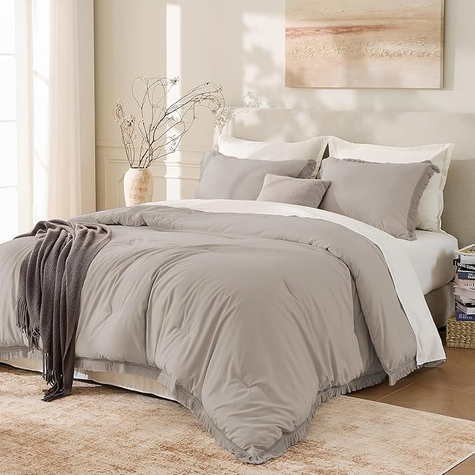 Andency King Size Comforter Set Khaki, 3 Pieces Boho Soft Lightweight Bedding Comforter Sets, Tassel All Season Bed Set (104x90In Comforter & 2 Pillowcases)