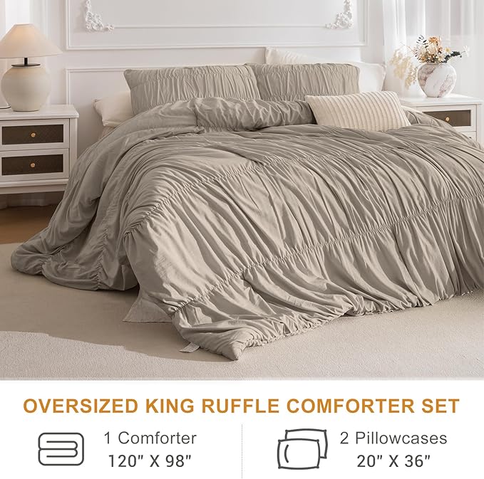 Masaca Oversized King Comforter(120"x98"),Ruched Ruffle California King Comforter Set,3 Pieces Lightweight Linen Color Extra Large Farmhouse Shabby Boho Chic French Country Rustic Bedding Set