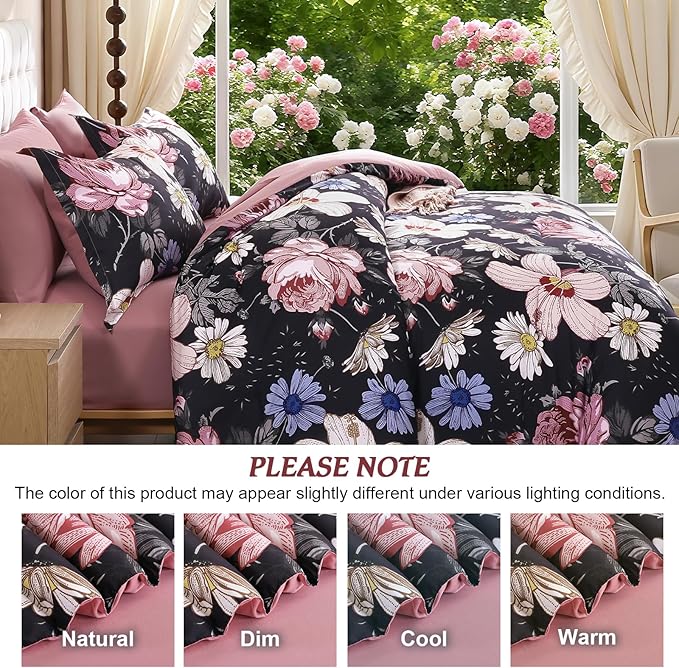 Luxudecor King Comforter Set 7 Pieces Bedding Sets,Black Pink Floral Comforter and Sheet Set,Soft Microfiber Bed in a Bag for All Seasons (Black Pink,104"x90")
